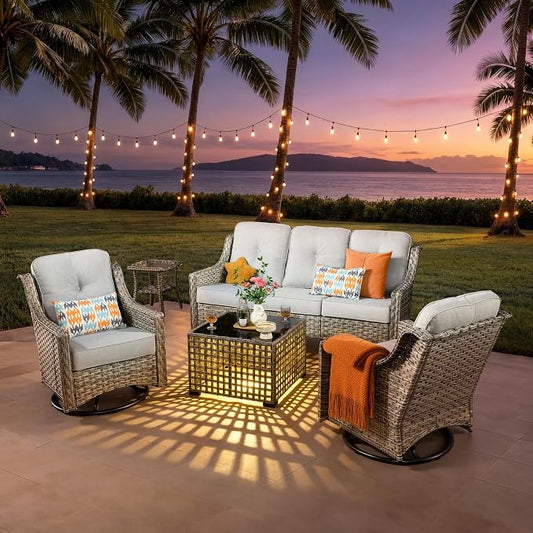 ovios 5 Piece Outdoor Patio Furniture with 3 Seat Sofa,Rattan Wicker Coversation Set with Swivel Rocking Chair,Balcony Sofa Set with Shiny Table for Outside Porch Backyard Pool, Light Grey