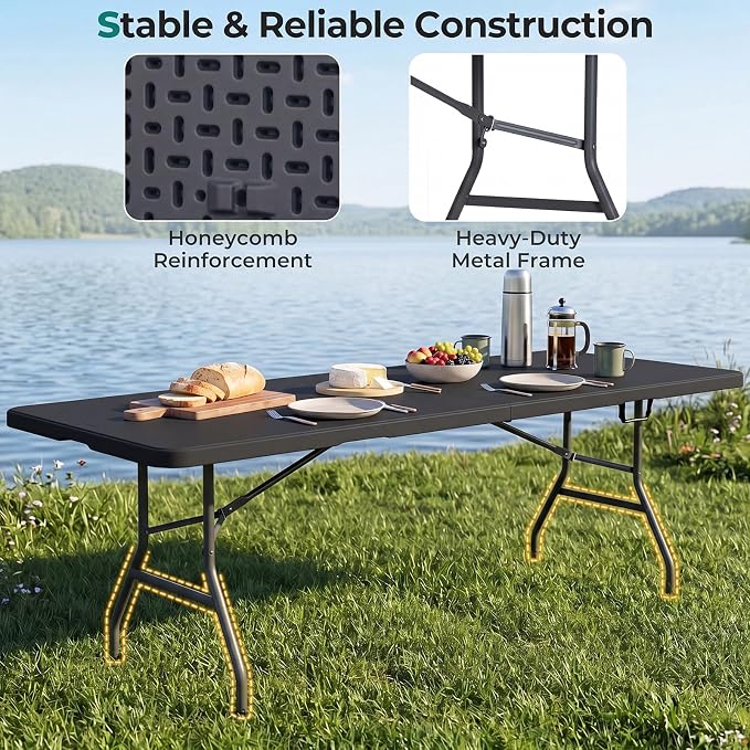 Goplus 8ft Plastic Folding Table, 350 LBS Outdoor Heavy Duty Folding Tables with HDPE Tabletop, Handle, Lock, Foldable Rectangle Portable Utility Card Table for Picnic, Party, Camping, Dining