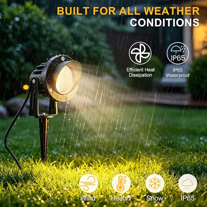 Romwish 12 Pack LED Landscape Spotlights, 120V Plug-in Outdoor Lighting | 12W 1200LM Brightness with 3000K Warm White, IP65 Waterproof, Adjustable head & 60° Beam for Tree Garden Pathway Yard