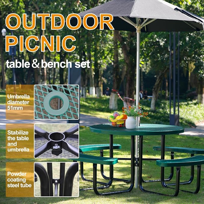 46In Round Metal Picnic Table, Commercial-Grade Heavy Duty Outdoor Furniture, Rust-Resistant Outside Table for Patio, Garden, Playground and Parks (Green)