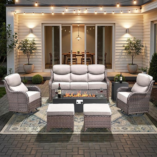 HUMMUH Luxury Patio Furniture Set 6-inch Thick Cushions High Back Swivel Rocker Chairs & 3 Seater-Couch & Steel Fire Pit Table 7 Pieces Outdoor Conversation Set for Porch,Deck,Backyard