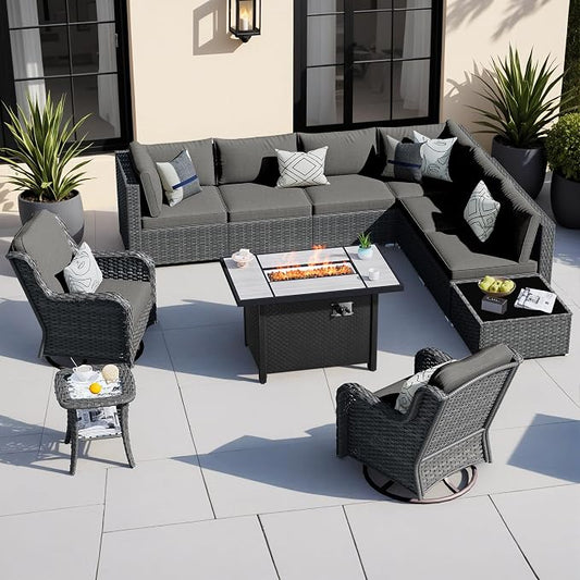 HOOOWOOO Outdoor Patio Furniture with Fire Pit Set 11 Pieces Patio Set with Fire Pit Wicker Outdoor Furniture with Fire Pit Table Set Patio Sectional Set with Swivel Chairs,Black
