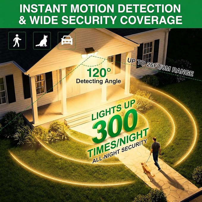 Solar Outdoor Lights Motion Sensor, 2500LM 286 LED Security Flood Lights with Visual Battery & Mode Display, 3 Lighting Modes, IP65 Waterproof 3-Head Wide Angle for Garage, Yard, Patio (6P Warm White)