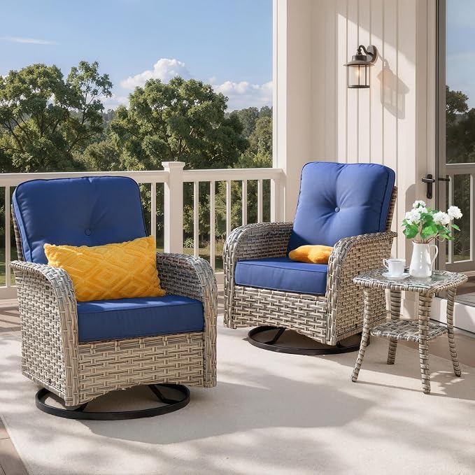 Outdoor Swivel Rocking Chair Set of 2 with Coffee Table, Wicker Patio Glider Chairs with 4 Inch Thick Cushions, 350lbs Capacity High Back Rattan Furniture Set for Sunroom and Small Spaces, Navy Blue
