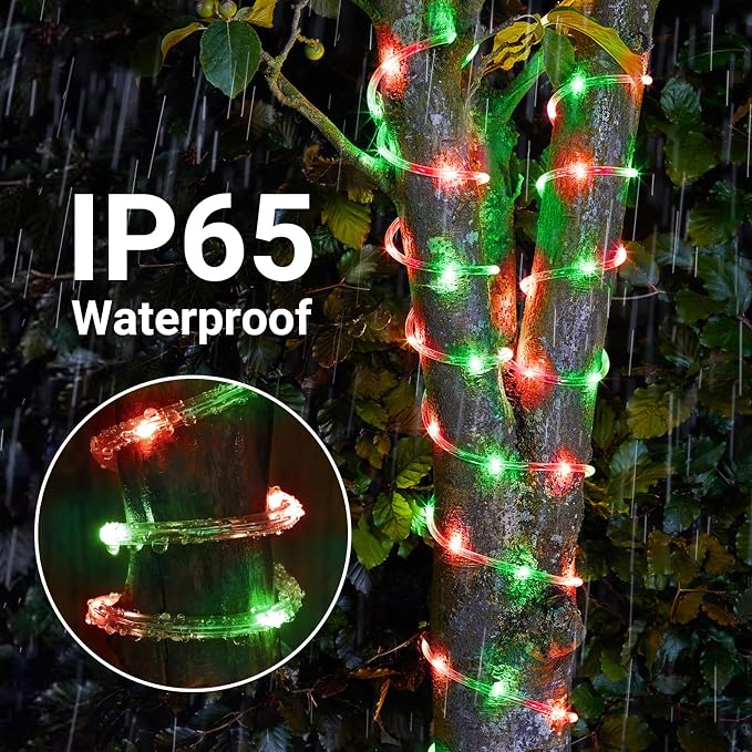 Solar Rope Lights, 2 Packs Total 132ft 400LED Solar String Lights, 8 Modes Waterproof Solar Outdoor Light, Flexible Clear Trampoline Light for Garden Backyard Patio Deck Pool Tree Decor - Red & Green