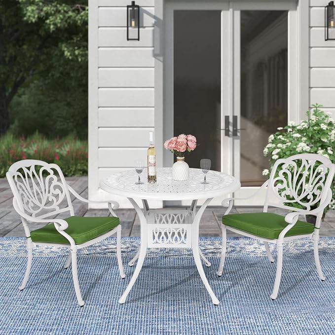MEETWARM 3 Piece Patio Bistro Set, Outdoor All-Weather Cast Aluminum Dining Furniture Set Includes 2 Cushioned Chairs and a 35.4” Round Table with Umbrella Hole for Garden Deck, White