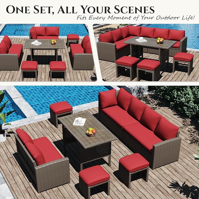 U-MAX 7 Pieces Patio Furniture Set, Outdoor Sectional Sofa Conversation Set, All Weather Wicker Rattan Dining Table & Chair with Ottoman, Brown Rattan&Red Cushion