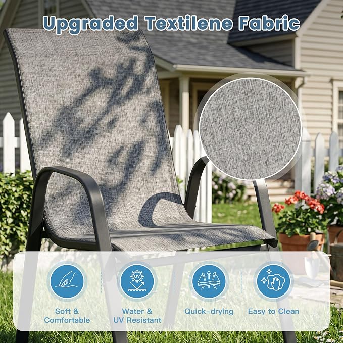 DIFY 11 Piece Outdoor Dining Set, 63" Round Metal Dining Table and Textilene Stackable Patio Chairs, Patio Table and Chairs Set for 10 with Umbrella Hole for Backyard Garden Deck, Grey