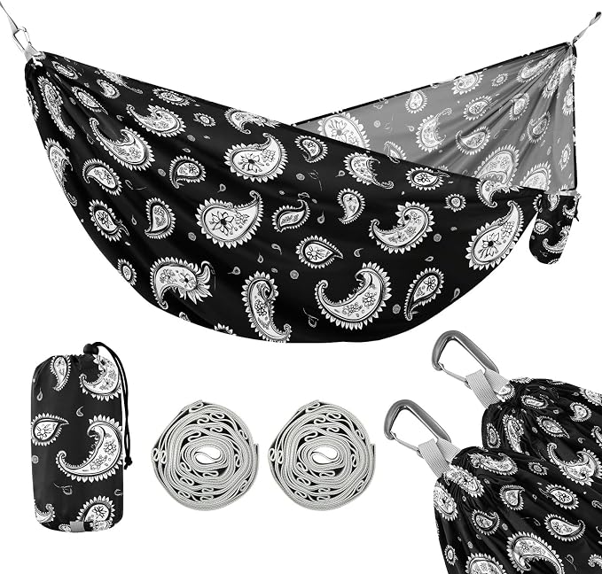 Camping Hammock Outdoor Hammocks for Outside Paisley Black Beach Trees Portable Lightweight with Pockets Tree Straps Indoor
