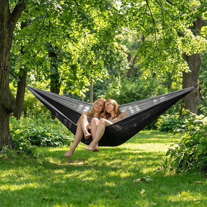 Adult Double Camping Hammock, 10ft x 6.5ft (300x200cm), Orange and Gray, 210T Nylon, 500 Lbs Weight Capacity, Portable with Storage Bag, d-Rings & Wide Straps, Breathable & Durable for Outdoor, Campin