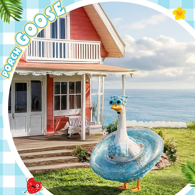 Bikini Porch Goose Outfits with Sunglasses and Swimming Tube for 23" Summer Goose Costume Garden Patio Statue Decor(Blue Plaid)