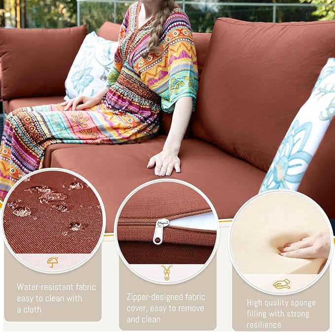 BULEXYARD 9 Pcs High Back Outdoor Sectional Set with Firepit Table, Modern Luxury Patio Furniture Seating Set, Oversized Wide Deep Modular 8-Seater Couch Sofa for Backyard, Brown Wicker & Red Cushion