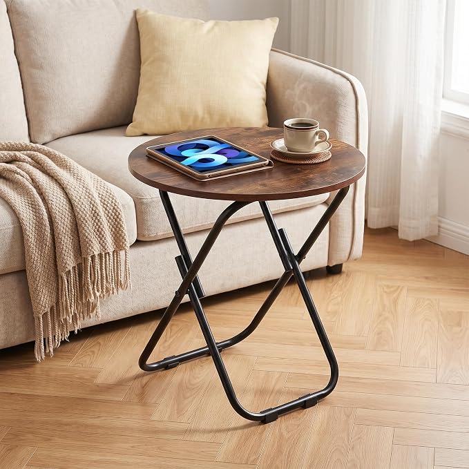 VECELO Patio Outdoor Side Table,17.7 inch Small Folding Table Round Waterproof Wood Table, Foldable Anti-Rust Metal Legs Snack Desk for Garden Balcony,Yard,Living Room