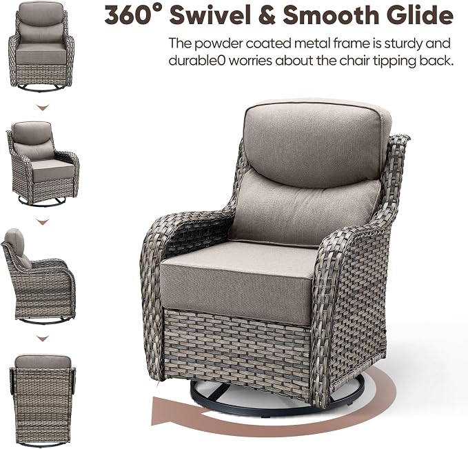 Swivel Patio Chairs Set of 2 with 6" Thick Cushion - Wicker Outdoor Swivel Rocker Patio Sets, High Back Comfortable Outdoor Glider Chairs 360° Rotation Glider Gray Wicker - Gray Cushion