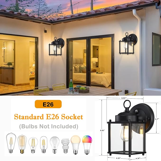 Outdoor Wall Light, Porch Lamp, Dusk to Dawn, Black | Exterior Wall Sconce Fixture for House, Garage, Patio, Rustproof Waterproof, Metal Housing with Glass, E26 Base, 2 Pack