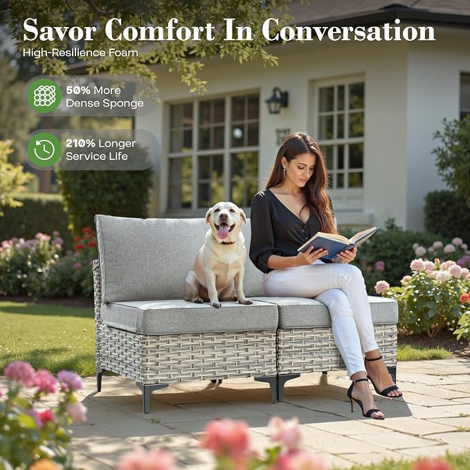 9 Pcs Patio Furniture with Fire Pit Table, Outdoor Rattan Wicker Conversation Set with Glowing Coffee Table, Comfy Sectional Sofa for Porch Balcony Backyard Pool, Grey
