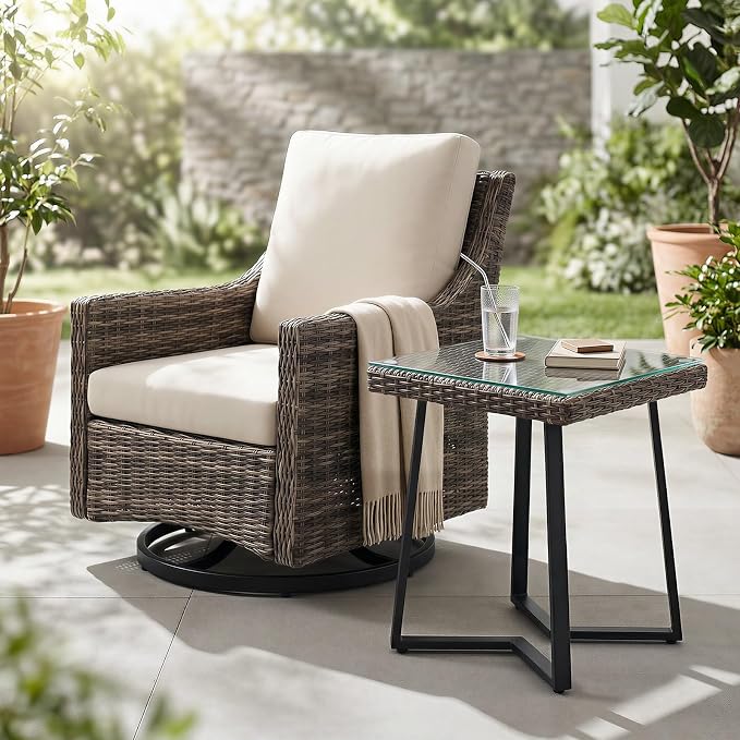 Outdoor Swivel Rocker Patio Chair with Premium Cushion, High Back Wicker Patio Swing Glider for Deck, Porch, Patio and Poolside (Beige, 2 Pcs - Swivel Glider & Side Table)