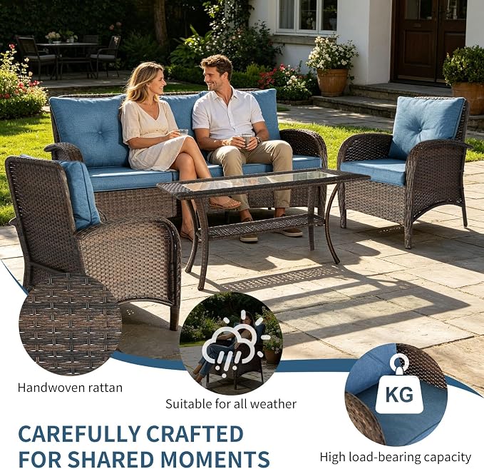 Outdoor Swivel Rocker Patio Chairs (Brown Wicker/Blue Cushion, 4PC/Sofa & Chair &Coffee Table)
