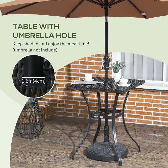 Outsunny Patio Wicker Dining Table with Umbrella Hole, 34 Inch Outdoor PE Rattan Coffee Table with Plastic Board Under The Woven Table Top for Patio, Garden, Balcony, Mixed Brown