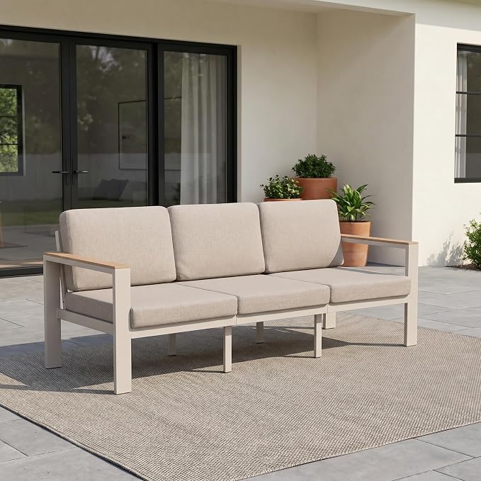 Outdoor Patio Sofa, 3-Seat Aluminum Outdoor Couch with 5-Inch Water-Resistant Cushions, Powder-Coated Frame for Porch, Deck, Backyard, Garden, Poolside, Beige