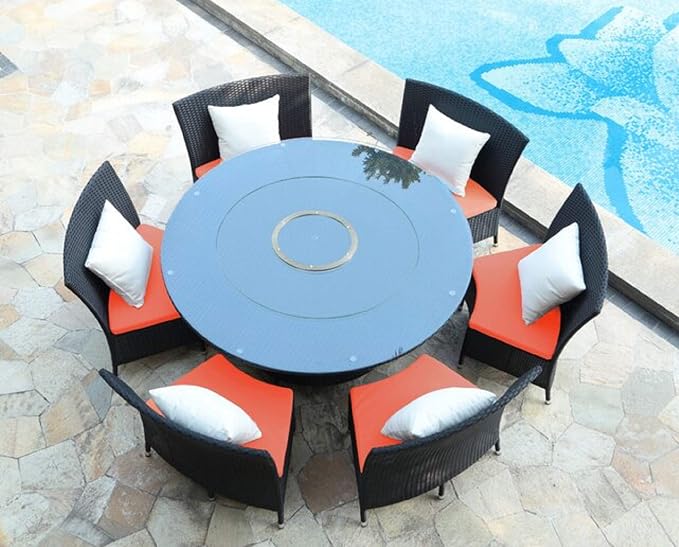 Manhattan Comfort Nightingdale 7 Piece Outdoor Dining Set with Round Glass Lazy Susan | Includes 6 Rattan Chairs, Water-Repellent Cushions and Toss Pillows, Patio Furniture, Black/Orange/White