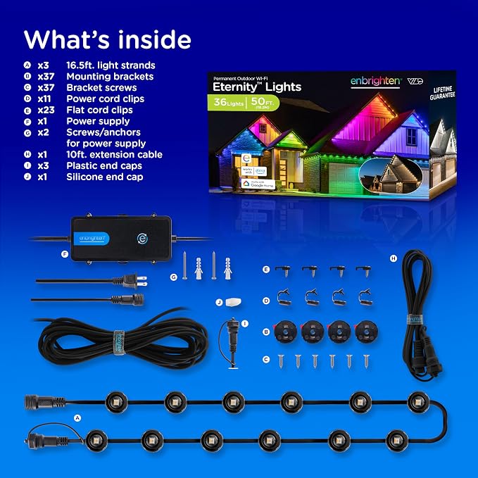 Enbrighten Eternity Permanent Outdoor Lights, 50ft, 32 Lights, Smart | Black Cord, RGBWIC LEDs, Weatherproof, Cuttable, Link to 200ft, Christmas, App Control, Works with Alexa & Google Home
