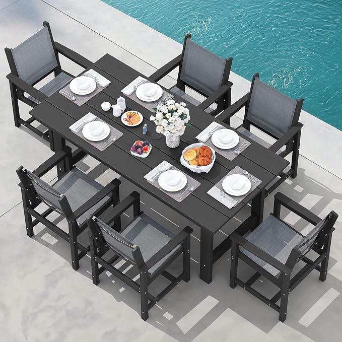 SERWALL 7 Pcs HDPE Patio Dining Set with 1 Table & 6 Woven Chairs, Gray | HDPE Outdoor Dining Set with Rectangular Table & 6 Woven Chairs, All-Weather Patio Dining Furniture