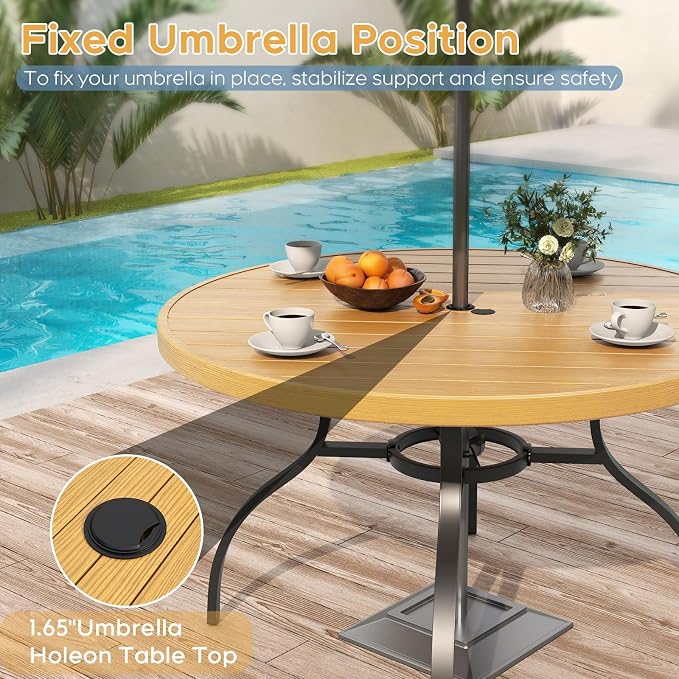 41" Round Outdoor Dining Table for 4, Metal Round Patio Table with Umbrella Hole, All-Weather Outdoor Patio Dining Table for Lawn Garden Deck Backyard (Brown)