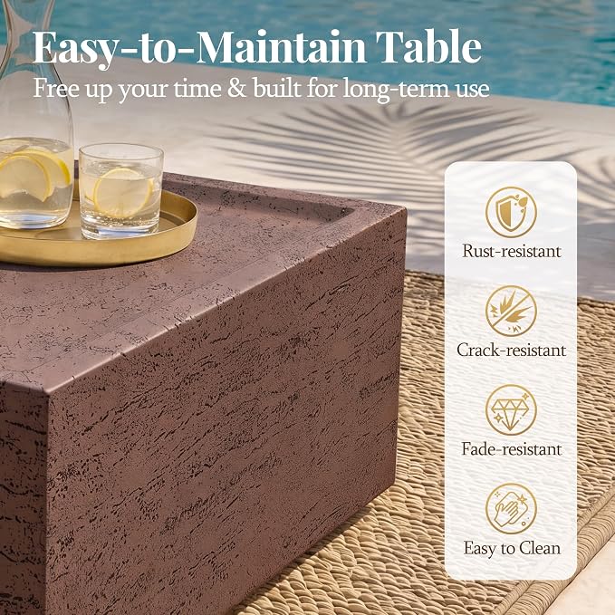 UPHA 28" Square Outdoor Coffee Table, Modern Hollow Concrete Patio Table, Small Minimalist Low Accent Table for Living Room, Balcony, Deck, Backyard, Rust Red