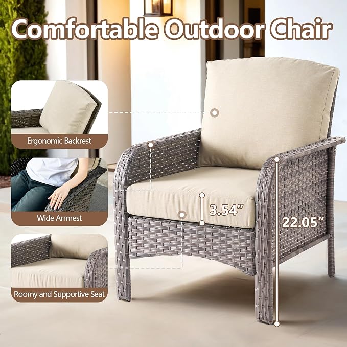 4 PCS Outdoor Patio Furniture Set with Glass Table, All-Weather Rattan Wicker Outdoor Conversation Set with Thickened Cushions for Balcony Backyard Garden Lawn,Beige