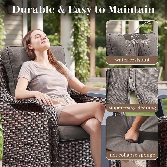 Rilyson Luxury Outdoor Wicker Glider Rocker Chairs for 2 Seats, Patio Wicker Rattan Glider Rocker Chairs with Table, Rocker Chairs Outdoor Furniture Sets for Patio Porch Pool Brown/Grey
