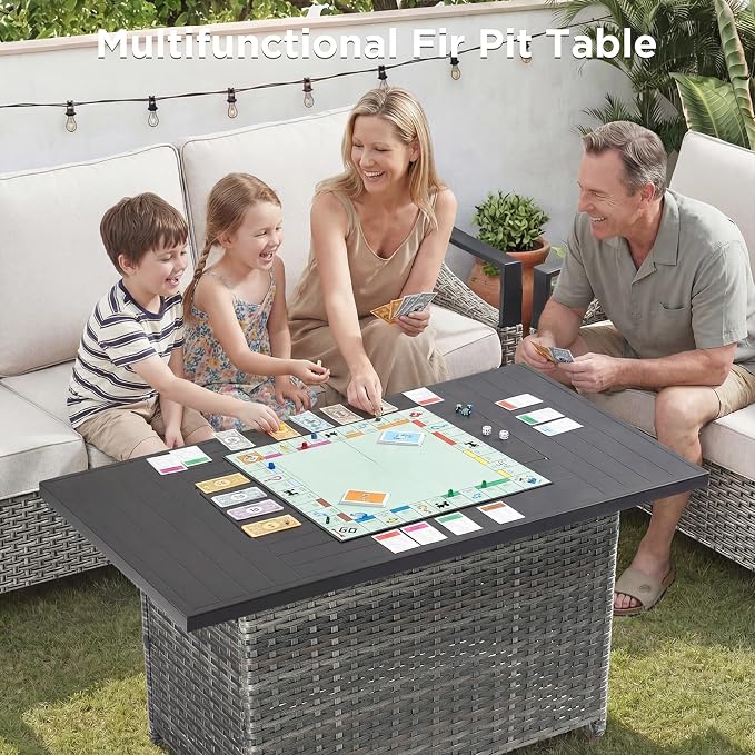 Patio Furniture Set with 42.5" Fire Pit Table-8 Pieces All Weather Wicker Outdoor Furniture with High Back Swivel Patio Chairs Set of 4 Outdoor Patio Conversation for Deck Garden Beige/Gray