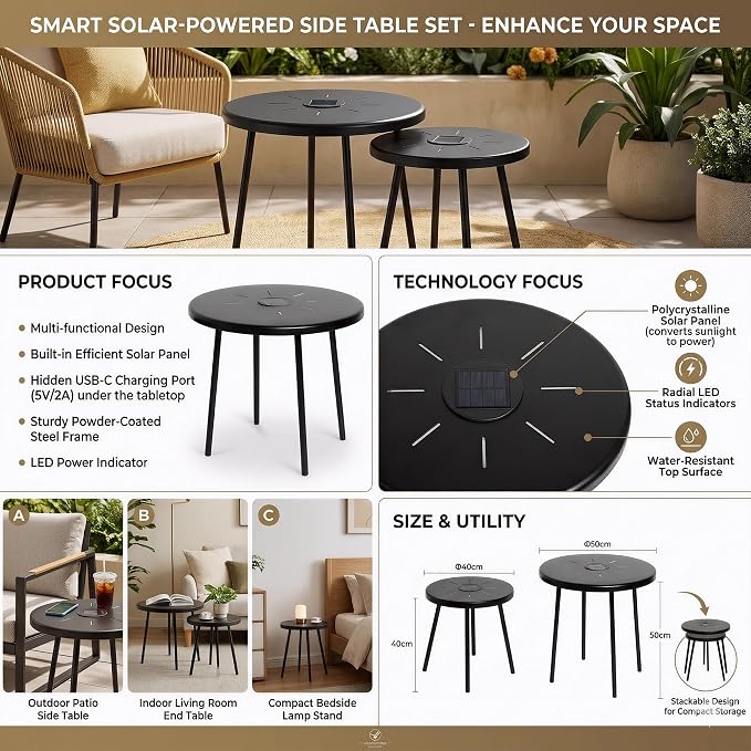 Solar Nesting Side Table Set of 2, Modern Black Metal Wire Round End Tables with Dusk to Dawn LED Light & On/Off Switch, Industrial Accent Tables for Patio, Balcony, Living Room, Garden (Solar 1)