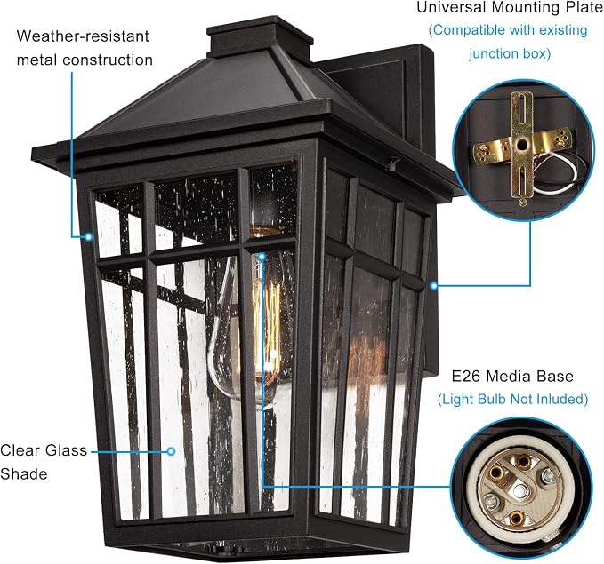 Darkaway 2pcs Outdoor Sconce Lights Wall Light Fixtures, 14inch Large Porch Light Outdoor Wall Anti-Rust Black Aluminum with Glass for Patio Yard Doorway Garage