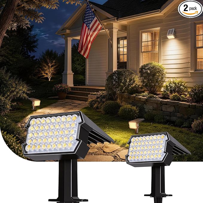 Solar Lights Outdoor Waterproof IP65, 45 LED 2 Lighting Modes Outside Solar Landscape Spotlight for Garden Yard Pathway Lawn, 2 Pack (Warm White)