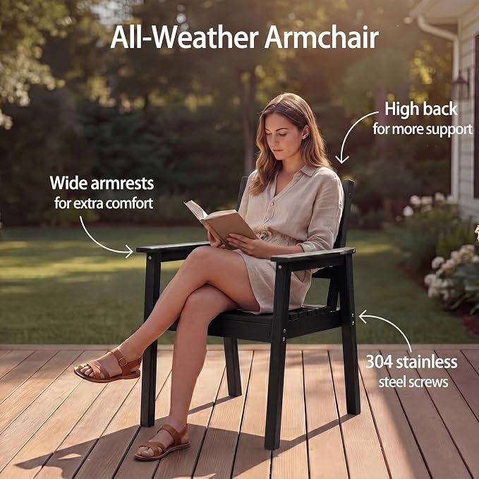 5-Piece Outdoor Dining Set, All-Weather HDPE Patio Furniture, 66.5" Slatted Table with 1.6" Umbrella Hole & 4 Ergonomic Armchairs, Heavy Duty 350lbs Capacity, UV Resistant, Black
