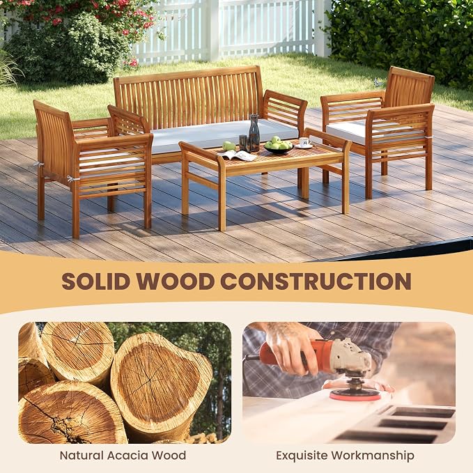 8 Piece Patio Furniture Set, Acacia Wood Sofa Set with Rectangular Coffee Table & Soft Seat Cushions, Outdoor Conversation Set for Garden, Backyard & Poolside