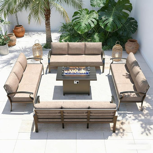 Gotland Aluminum Patio Furniture Set with Fire Pit Table, Metal Patio Furniture with 12 Seats Waterproof 5.1'' Seat Cushions, Oversized Outdoor Sectional Conversation Sets for Balcony Porch Khaki