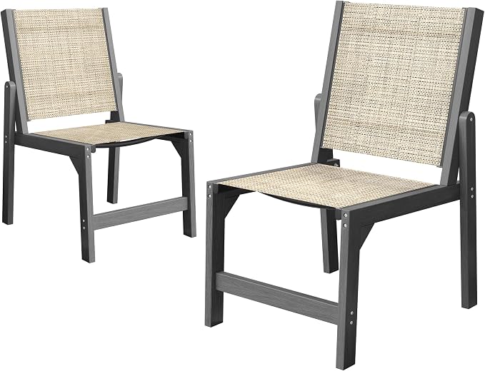 Patio Stackable Chairs Set of 2, HDPE Armless Outdoor Dining Chairs with Wide Seat, All-Weather Textilene Oversized Porch Chair for Garden, Poolside, Backyard, Deck | Grey