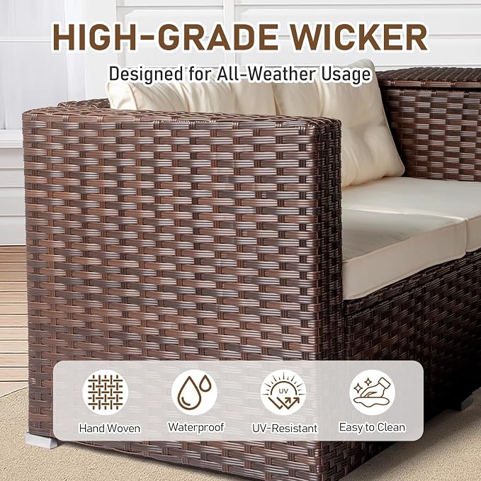VINGLI 4 Pieces Outdoor Sectional Wicker Patio Furniture with Storage, Patio Sectional Sofa Outdoor Couch Conversation Set, Glass Top Coffee Table for Backyard, Pool, Garden(Brown)