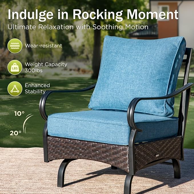 PHI VILLA Patio Furniture Set, Extra Large Wicker & Metal Outdoor Conversation Set Patio Sectional Sofa Set with Rocking Chair & Waterproof Thick Cushions for Porch, Poolside, Deck(7 Pieces, Navy)