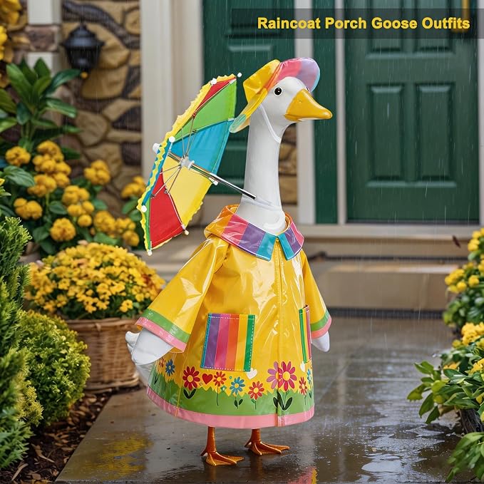 Raincoat Porch Goose Outfits, Spring Goose Clothes for Garden Decor | for 23" Cement/Plastic Goose Statue, Rainy Season Porch Goose Clothes & Umbrella & Hat, Lawn Goose Decor for Yard Statues