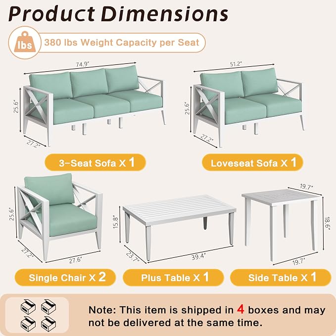 8-Piece Aluminum Patio Furniture Set, Oversized Outdoor Conversation Sofa Set with Coffee Table, White All-Weather Deep Seating, Rust-Proof Frame for Backyard, Deck, Porch, or Balcony