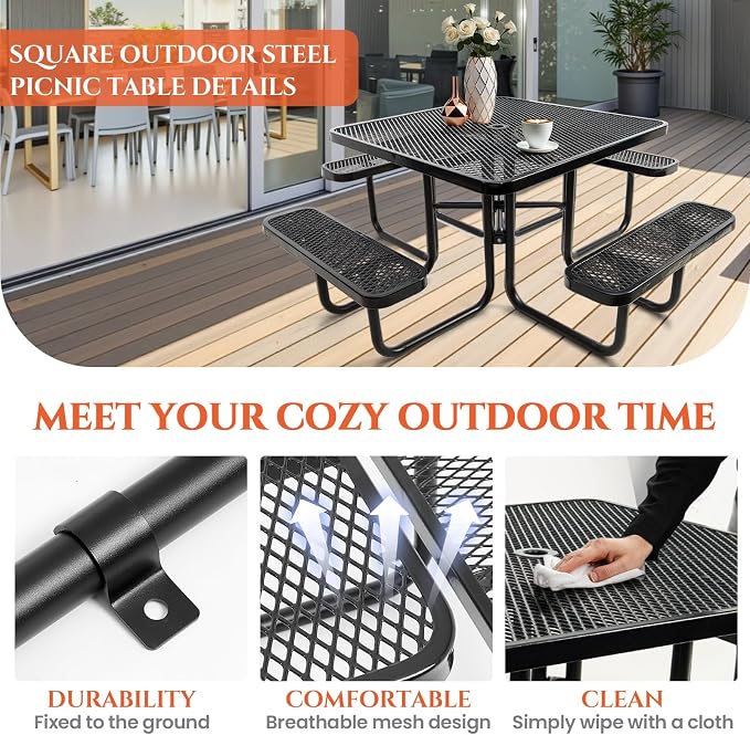 46IN Square Metal Picnic Table Set with Umbrella Hole and Benches for Outdoor, Expanded Heavy Duty Metal Commercial Grade Patio Dining Furniture for Yard Patio Lawn Party Coffee, Black