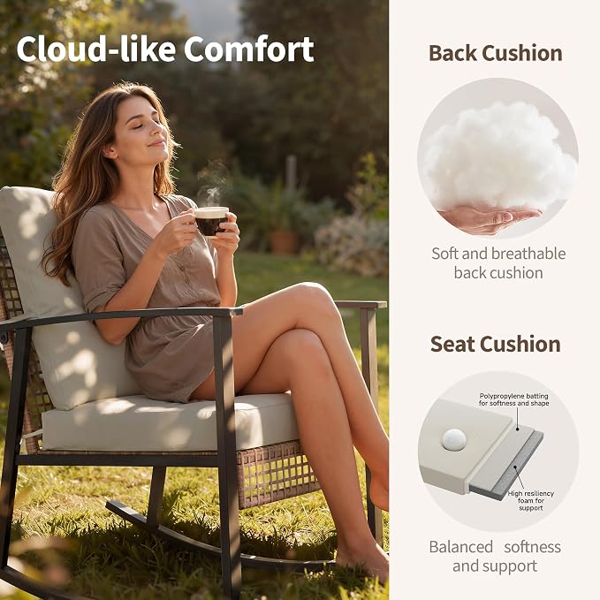 Deersky 4 Piece Outdoor Patio Furniture Set, Outdoor Rocking Chairs and Table, All-Weather Modern PE Wicker Rattan Patio Conversation Set for Porch Sunroom Deck and Yard, Cream White