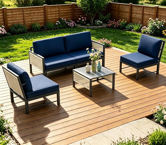 AECOJOY Aluminum Patio Furniture Set 4 Seats Outdoor Sectional Sofa Couch with Coffee Central Table Patio Conversation Sets for Porch Deck