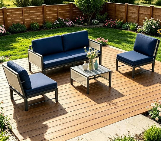 AECOJOY Aluminum Patio Furniture Set 4 Seats Outdoor Sectional Sofa Couch with Coffee Central Table Patio Conversation Sets for Porch Deck