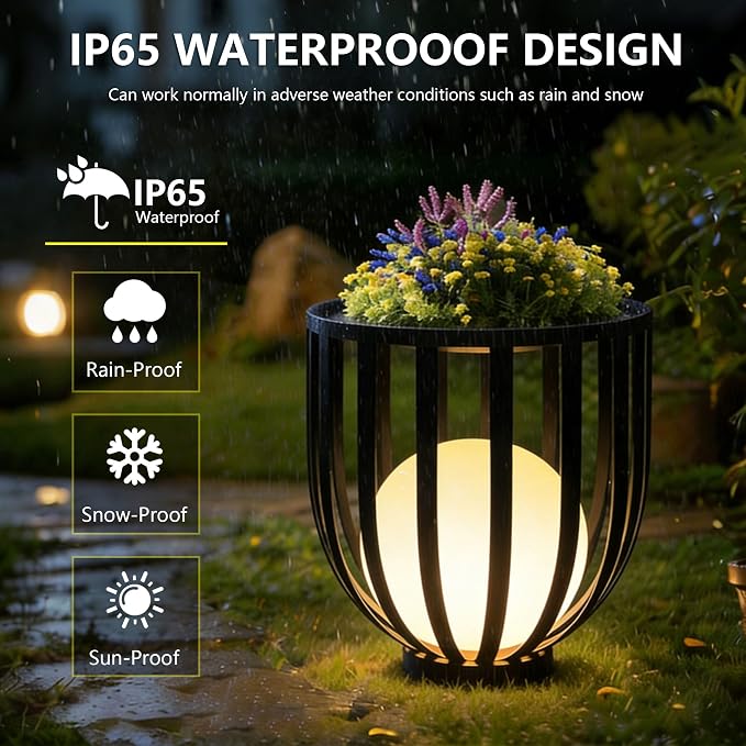 LED Outdoor Side Table, Solar Charging and Remote Control,Built-in Sphere Light,All Weather Metal Decor for Patio & Garden