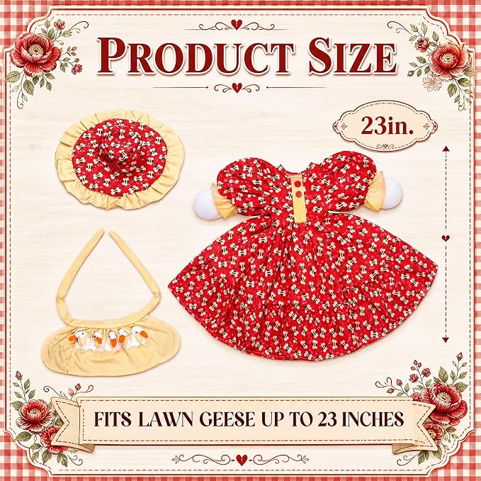 Porch Goose Outfit Set for 23 Inch Goose Statue, Spring Flower Lolita Dress with Hat and 3D Baby Apron, Rustic Farmhouse Easter Summer Patio Yard Lawn Decor
