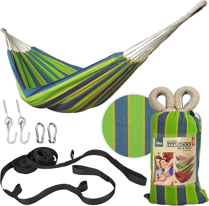 Bliss Hammocks 60" W Double Outdoor Hammock with Hand-Woven Rope Loops & Tree Straps, Patio, Durable, Cotton/Polyester, 265 Lbs Capacity, Mediterranean Stripe